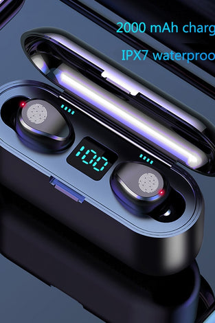 Black Wireless Earphone Bluetooth V5.0 F9 TWS Headphone LED Display With 2000mAh Power Bank Headset With Microphone
