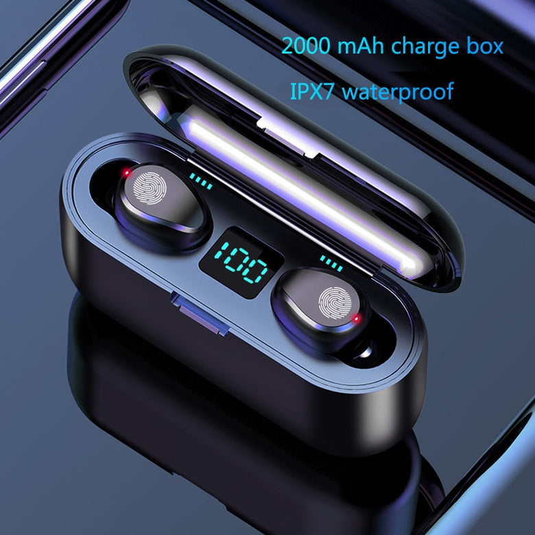 Black Wireless Earphone Bluetooth V5.0 F9 TWS Headphone LED Display With 2000mAh Power Bank Headset With Microphone
